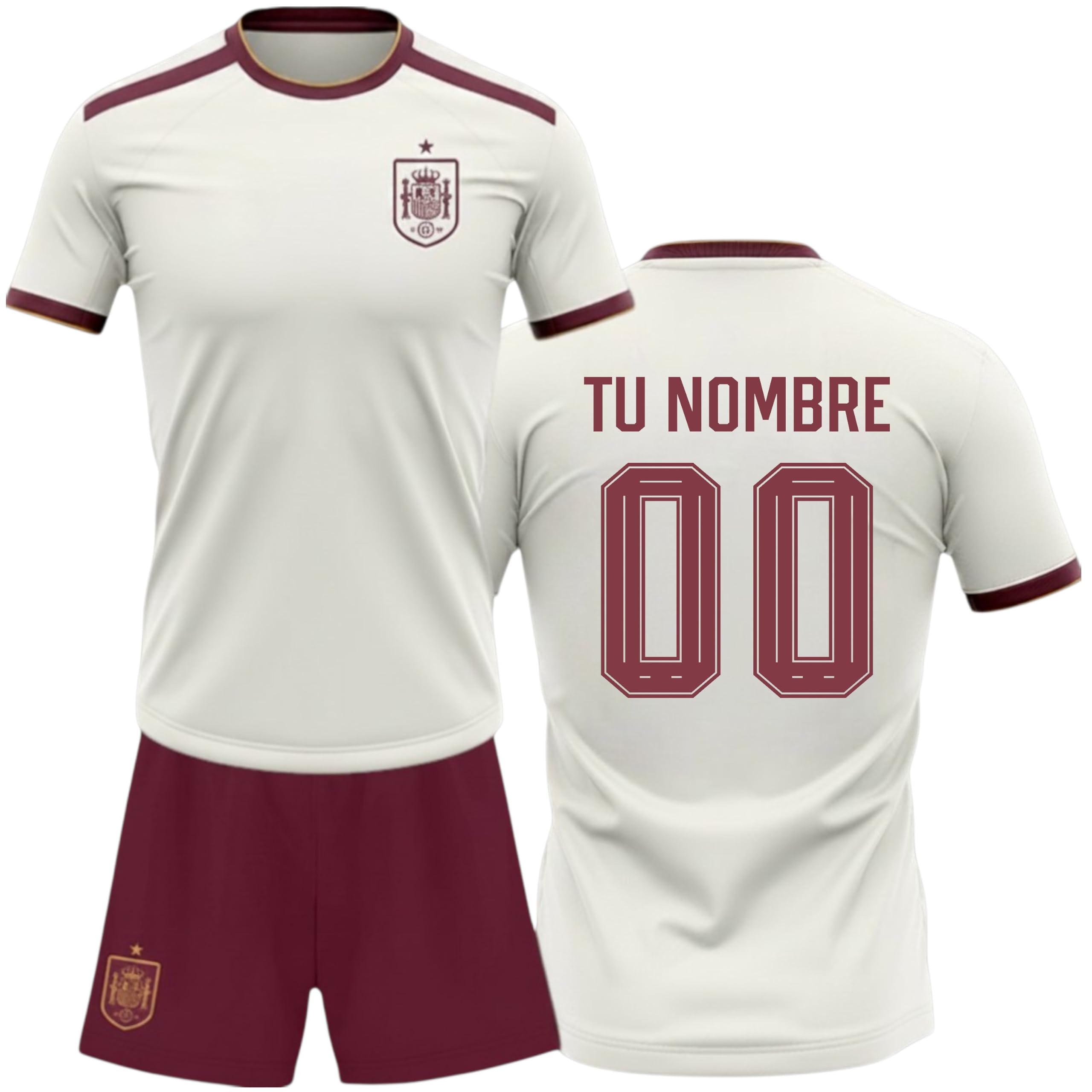 Champion's City Selección Española Mundial 2026-2028 Kit Infantil Personalizable Segunda Equipacion Camiseta y Pantalon con Nombre y Dorsal, Color Blanco, Tallas 4 a 14