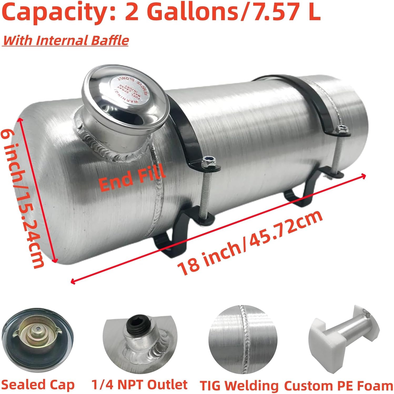 2 Gallons Spun Aluminum Gas Tank 6" x 18" With Internal Baffle End Fill 1/4 NPT Outlet, For Lawn Mower，Go Kart, Mini Bike, Mini Excavator