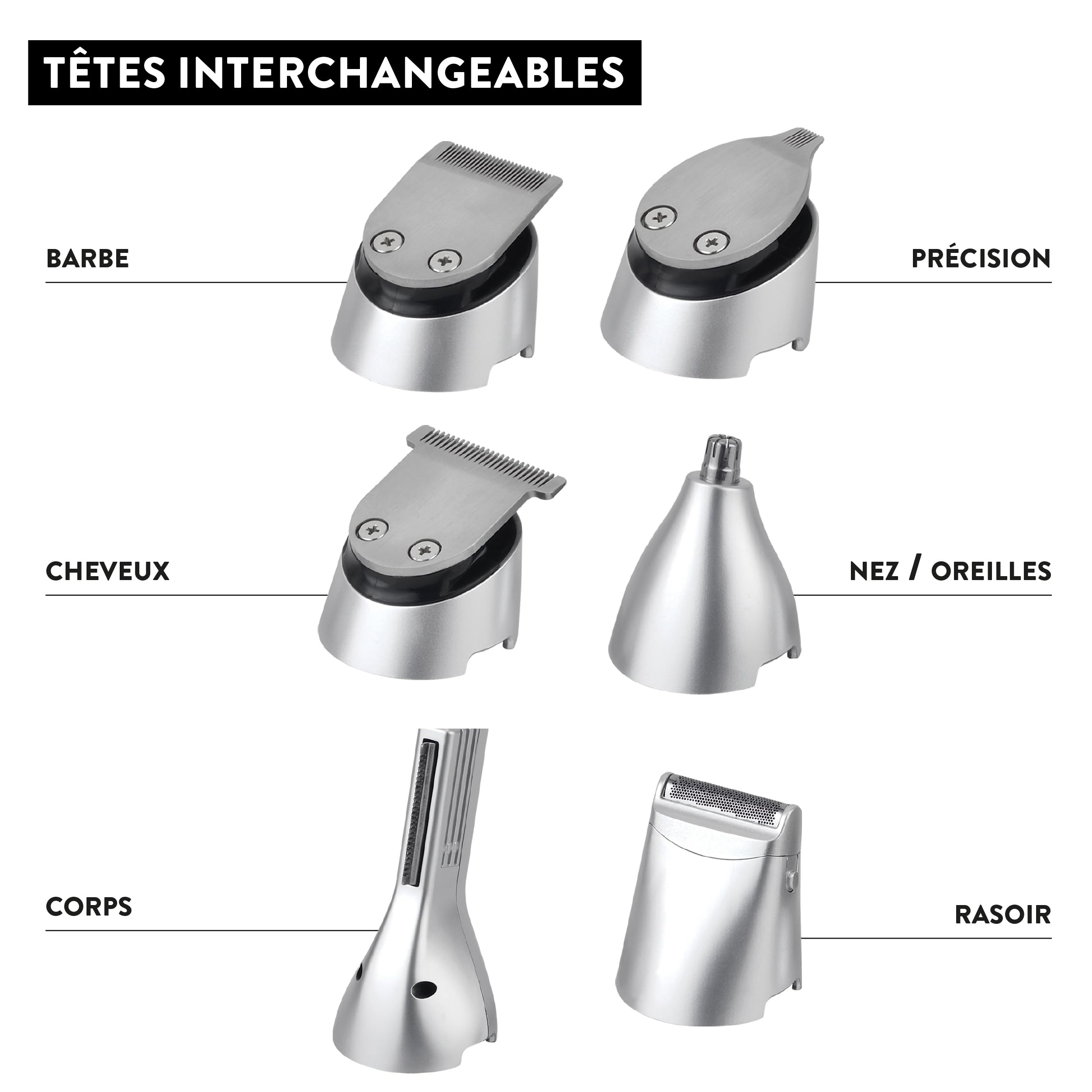 Jean Louis David Bartpflege-Set für Herren, 6-in-1 – Haarschneider, Bart, Nase, Ohren, Körper – Klingen aus Edelstahl – Lithium-Ionen-Akku – Sockel zur Aufbewahrung, USB-Ladegerät – Multifunktionsset