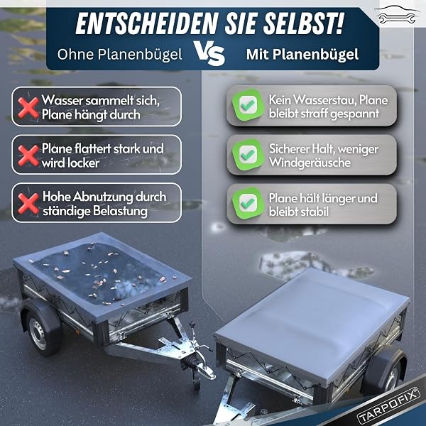 Tarpofix® Anhängerplane 258 x 136 cm + 3X Planenbügel | Anhänger Plane Flachplane aus PVC PLANENMATERIAL | Humbaur Plane für PKW Hänger | Anhänger Zubehör Abdeckplane + Flachplanenbügel | Grau - 2