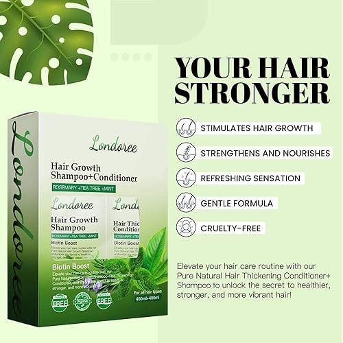 Miniatura 5 de Juego de champú y acondicionador de romero para el crecimiento del cabello, biotina y aceite de árbol de té, fórmula espesante y fortalecedora para