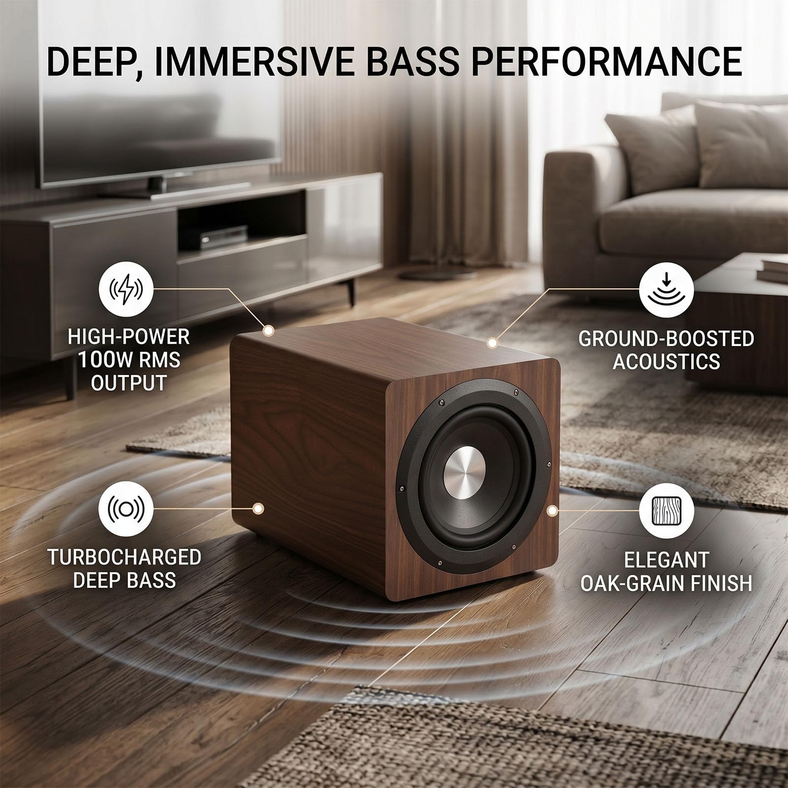 Subwoofer Alimentato da 6,5 ​​pollici, Altoparlante HiFi da 100 W, Colore Rovere (Spina europea)