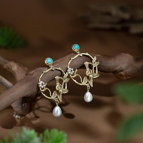 Miniatura 4 de HZMAN Aretes vintage de Robin Bird in Circle para mujer, hechos a mano con turquesa natural, perla sintética y latón antiguo