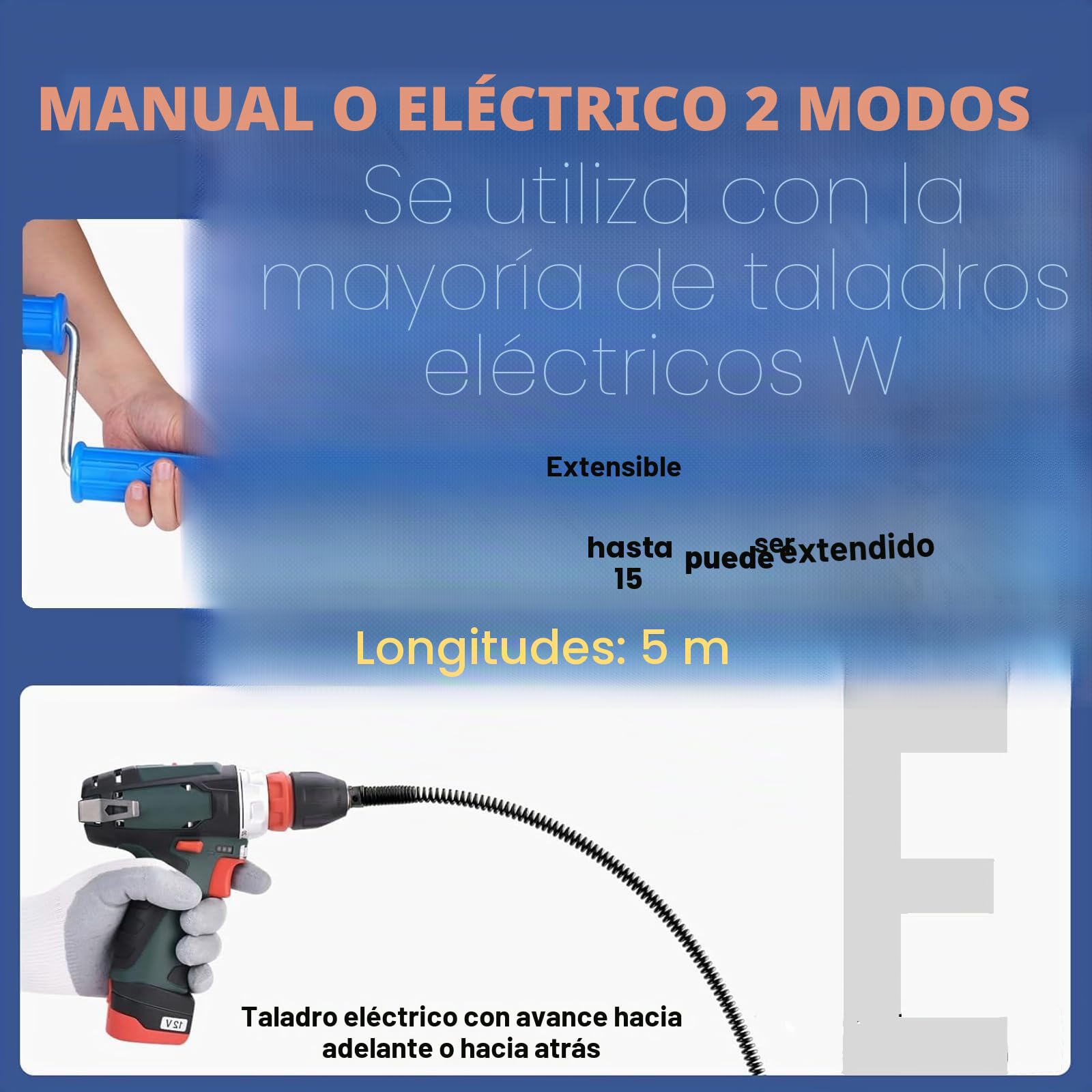 2 Piezas Desatascador Fregadero 5 Metros Diámetro 12 mm, Sirga Desatascar Tuberias Muelle Desatascador con 8 Piezas Limpiador de Drena,Desastacador Desagues Fregadero, Alambre Desatascador Tuberias