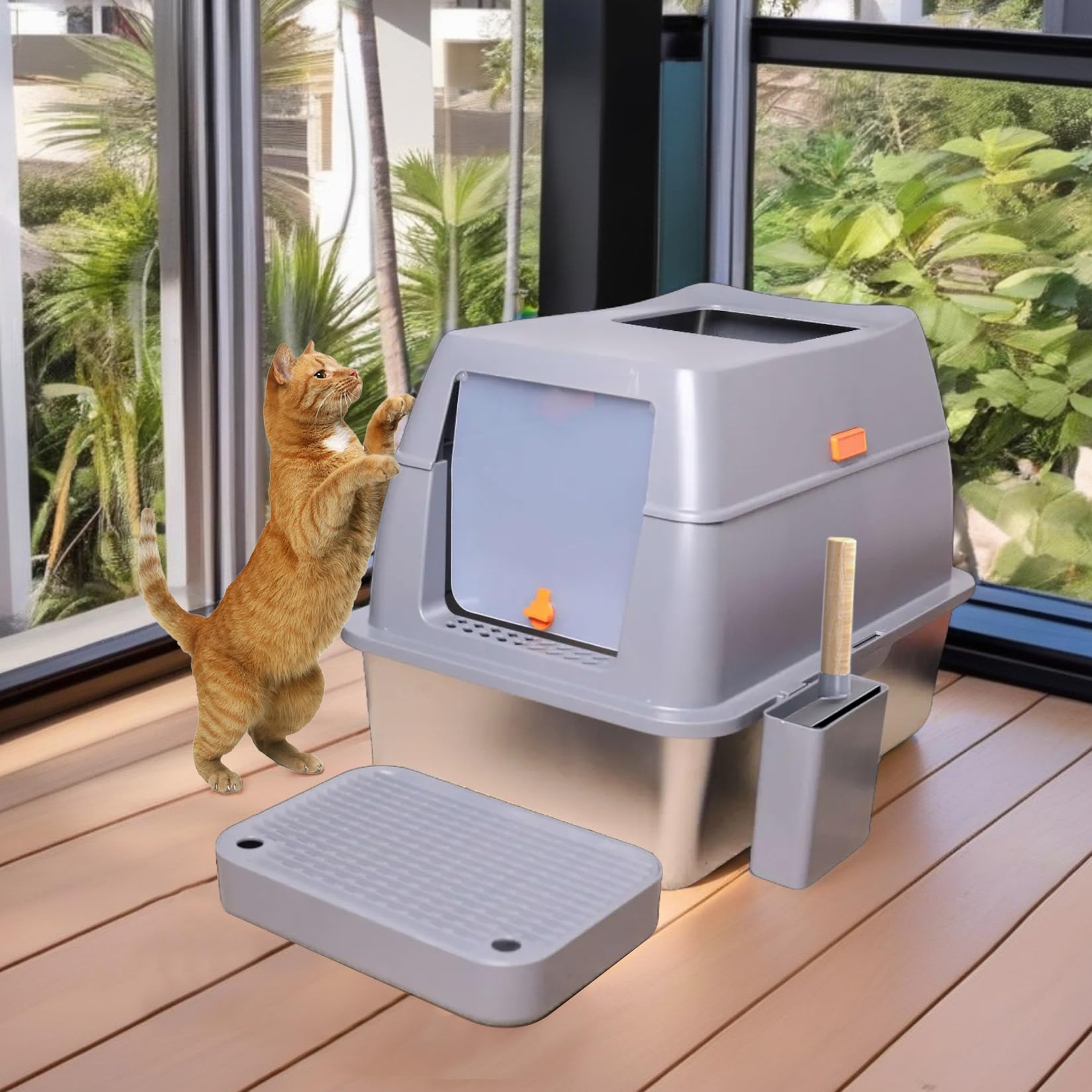 Bac a Litière pour Chat en Acier Inoxydable, Maison de Toilette XXL Anti Odeur avec Couvercle - Caisse Litière pour Chats avec Pelle
