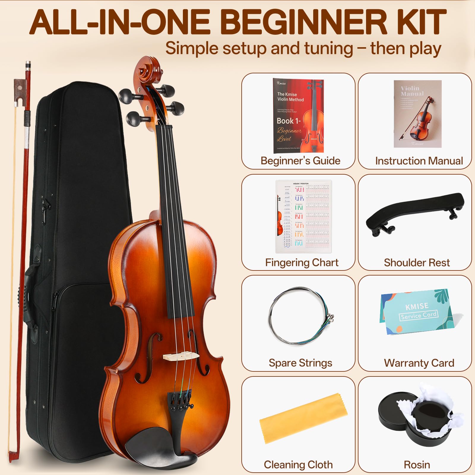 Kmise Kit de iniciación de violín de tamaño completo 4/4 aprobado por maestros para adultos, principiantes, estudiantes, violines acústicos de ébano de alta densidad, paquete de violín con funda, arco