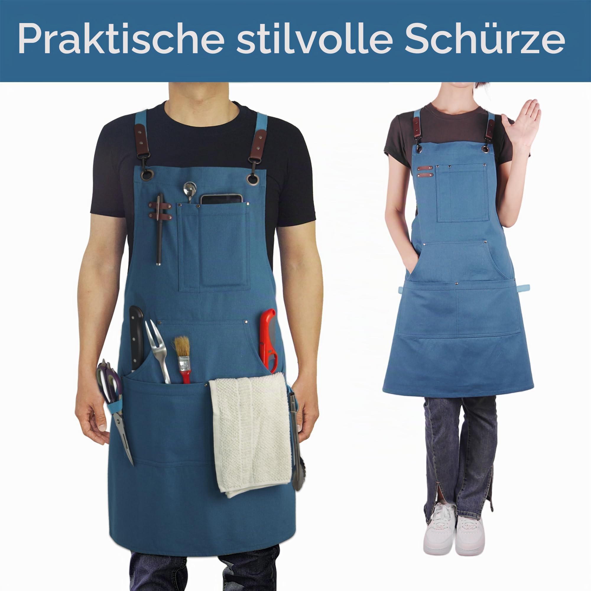Küchenschürze,Arbeitsschürze,Leinwand,mehrere Taschen,Gartenarbeit,Malerei,Grillen,Tischler,Größen M bis XXL,Blau