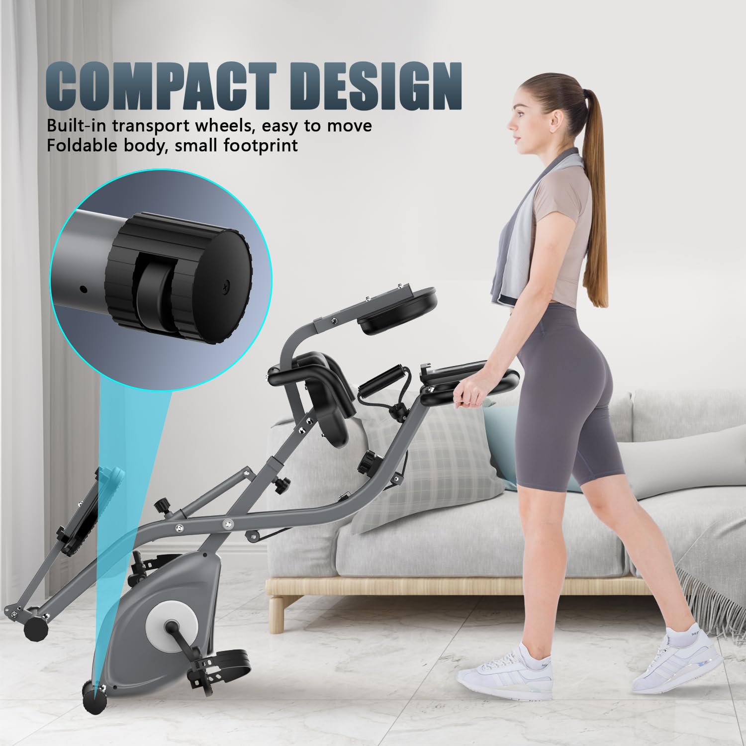 Bicicleta estática 3 en 1 con aplicación, plegable en interiores con disco de cintura giratoria, pantalla digital y resistencia magnética de 10 niveles