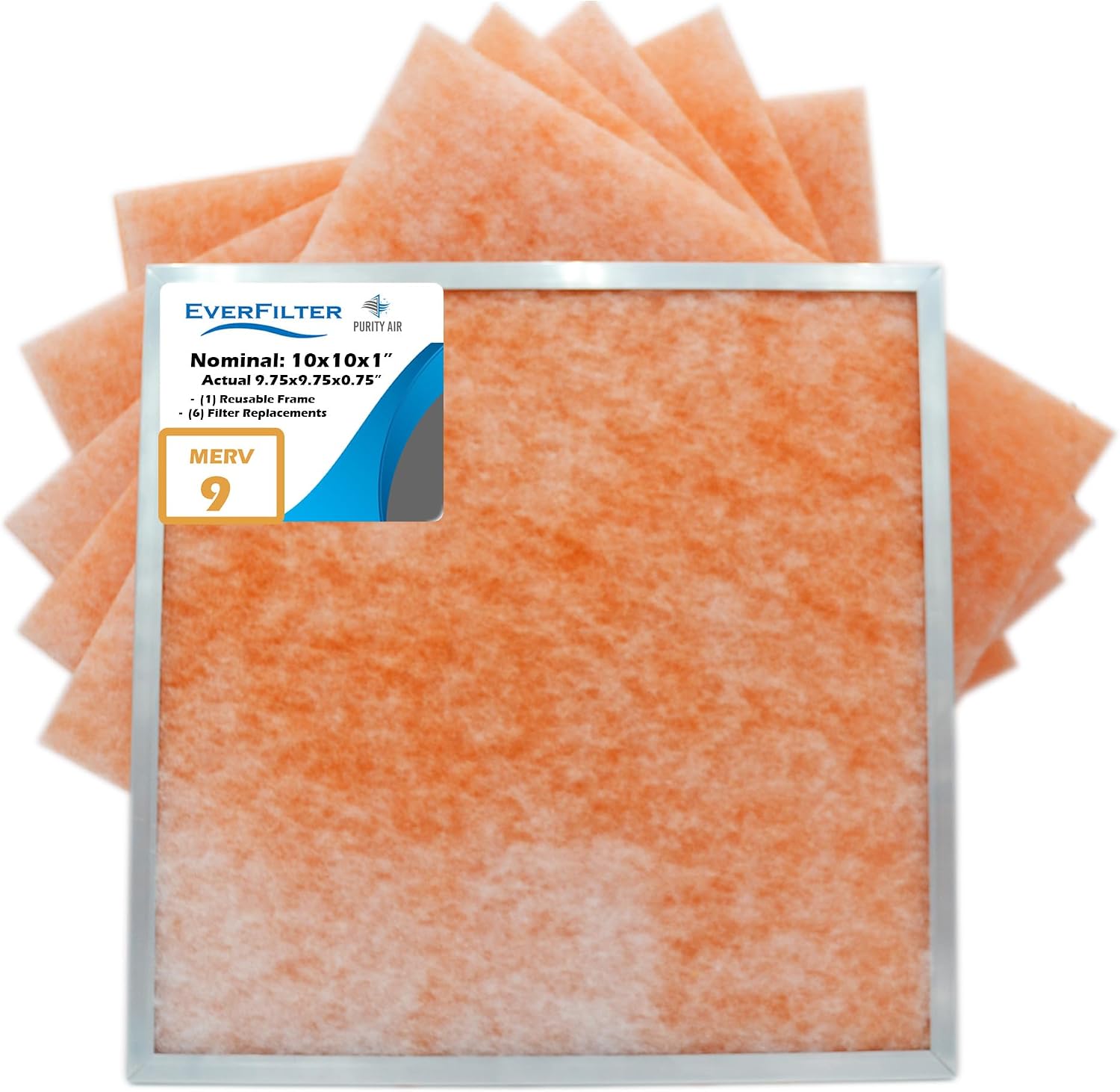 10x10x1 Air Filter MERV 9 (6-Pack) Filter Media Replacement, HVAC AC Furnace Air Filters, Aluminum Reusable Filter Frame (Actual Size: 9.75 x 9.75 x 0.75 Inches)