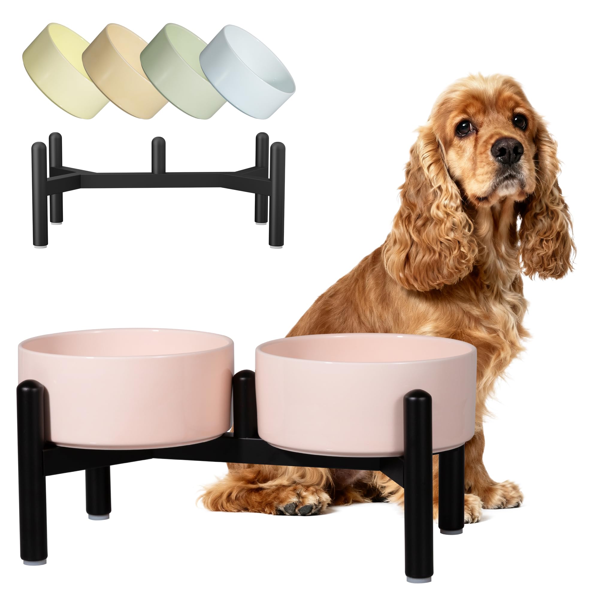 Ceramic Elevated Dog Bowl Set - Dog Feeder Station with Cute-Style Double Bowls for Small and Medium Size Breed - Non-Slip Raised Dish for Food and Water Feeding- 6 Inch - 3.5 Cups / 20 fl oz - Pink
