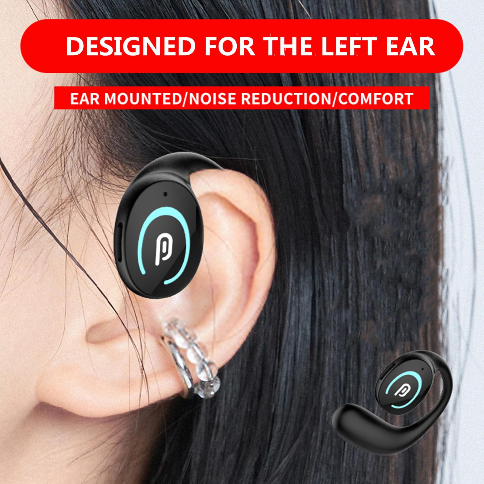 Sunffice Open Ear Bluetooth 5.3 Headphones,Single Wireless Earbuds with Earhooks,Noise-Cancellation Stereo Sound 36 Hours Playtime Sports Earpiece for Running Workout(Black)