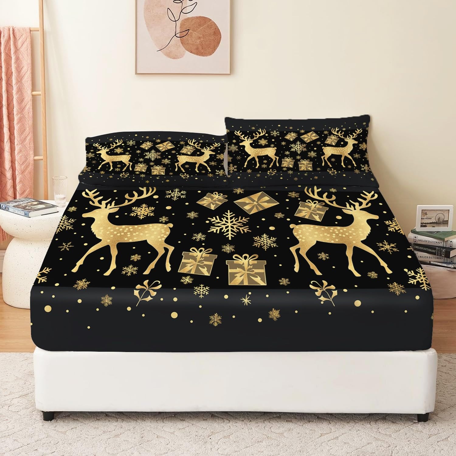 Lenzuola con angoli stampati traspiranti con cervo natalizio dorato, facili da pulire, lavabili in lavatrice, morbide lenzuola dorate con federe, misura king size con angoli profondi 160x200 cm