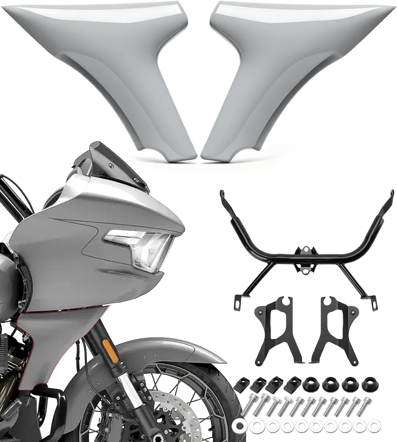 Billiard Gray Side Fairing Panel with Support Bracket kit Lower Fairing Spoiler Cover Compatible with Harley Touring Road Glide,CVO Road Glide ST 2024-up,CVO Road Glide 2023-up,2026-up FLTRT&FLTRXL