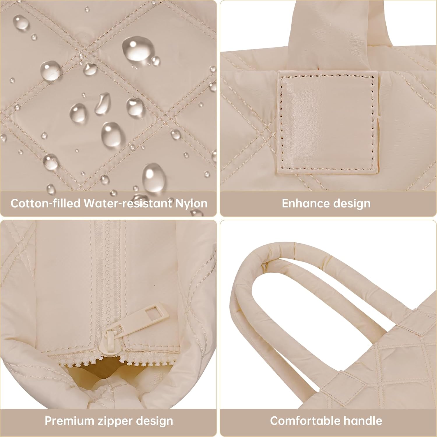Puffer Tote Bag for Women, Quilted Bag with Zipper, Small Tote HandBags for Work, Travel - Image 6