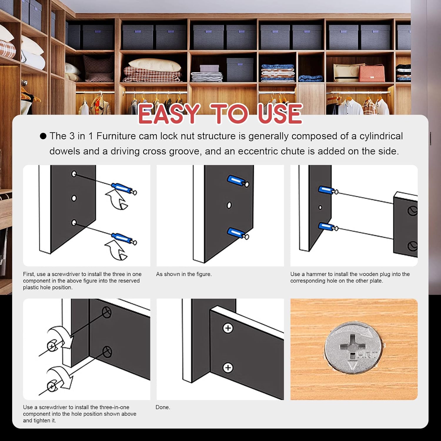 Hilitchi 100Pcs 3-in-1 Furniture Cam Lock Nut Connectors Fittings with Dowels, Eccentric Bolt Wheels Furniture Connecting Fastener Cabinet Connectors Hardware (15x13/15x11.8/12x11.3/12x12.2mm)
