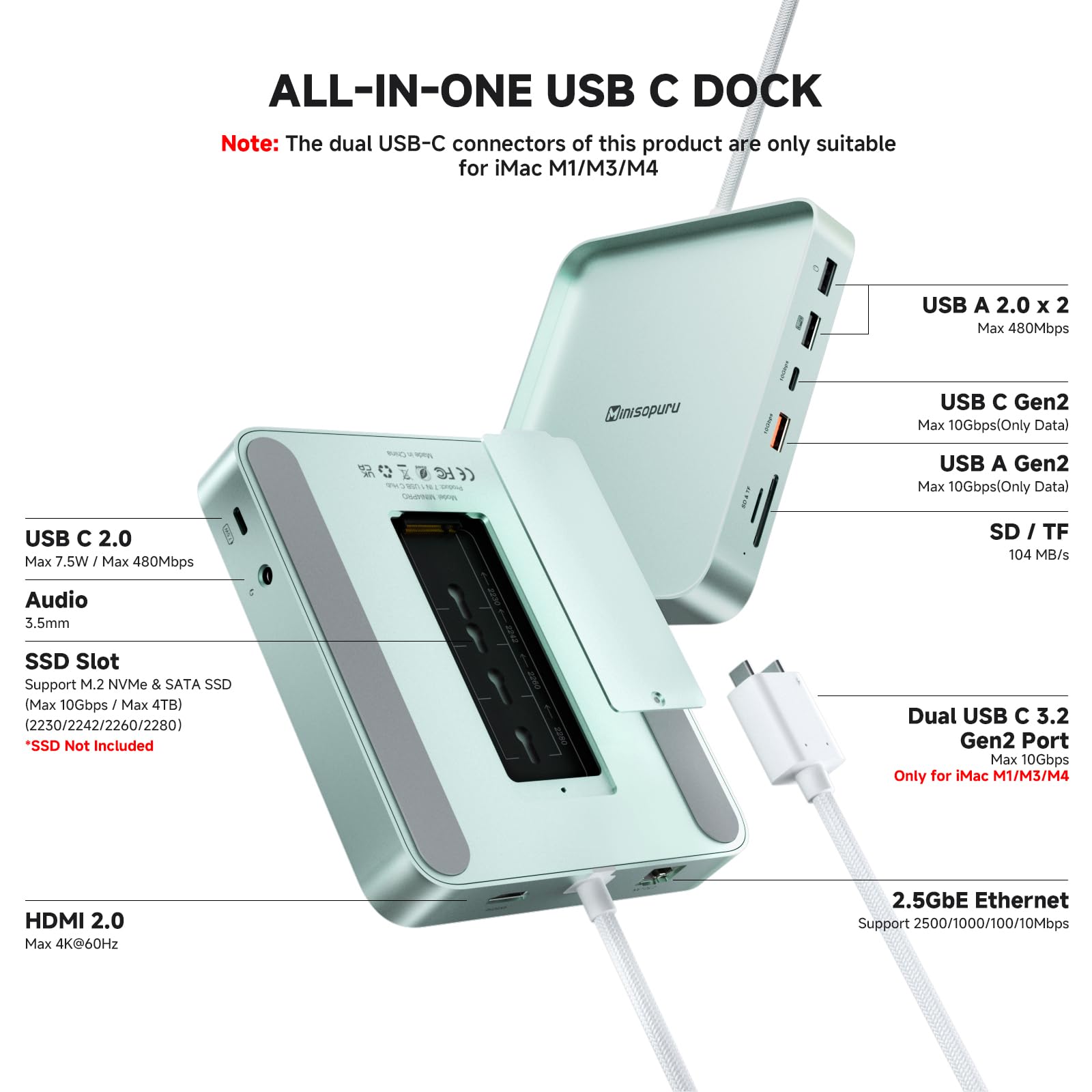 Minisopuru DS802PRO iMac Docking Station - 4K@60Hz HDMI - Dettaglio