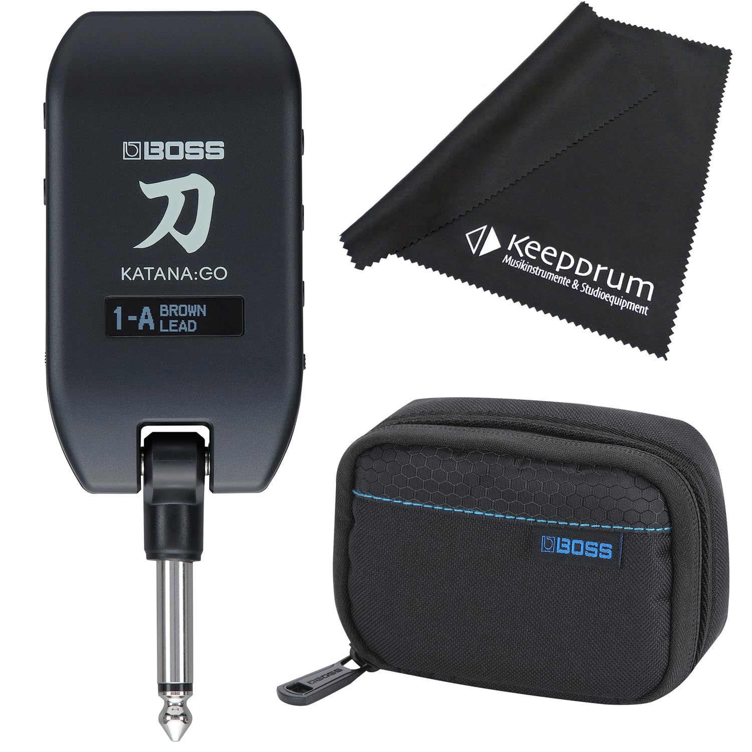BOSS Katana GO Amp Plug Kopfhörer-Verstärker + CB-KTNGO Transport-Tasche + keepdrum Mikrofasertuch