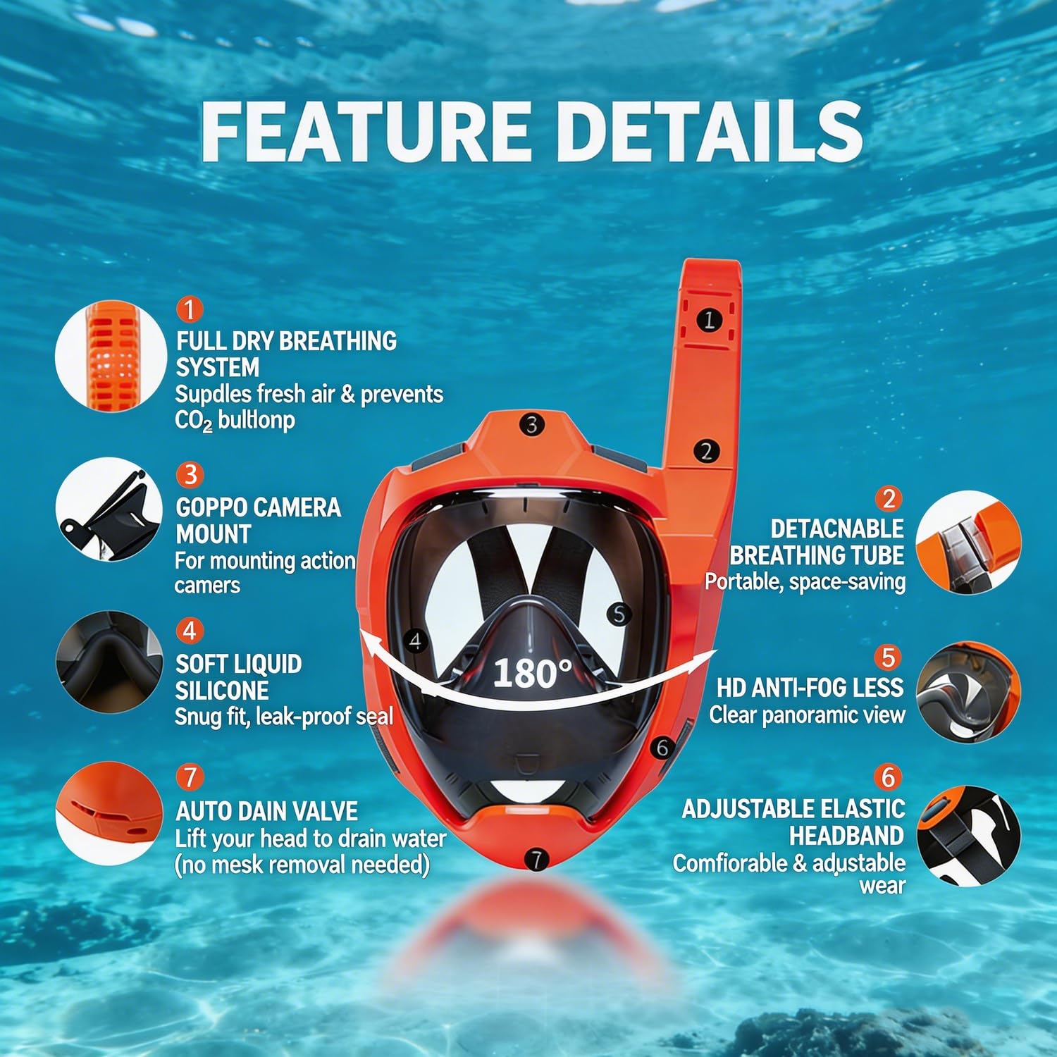 Máscara de Snorkel de Cara Completa, Tubo Lateral Mejorado con un 67 % más de Ingesta de oxígeno, máscara de Buceo antiescamas y antivaho, Vista panorámica de 180° para Adultos y Adolescentes