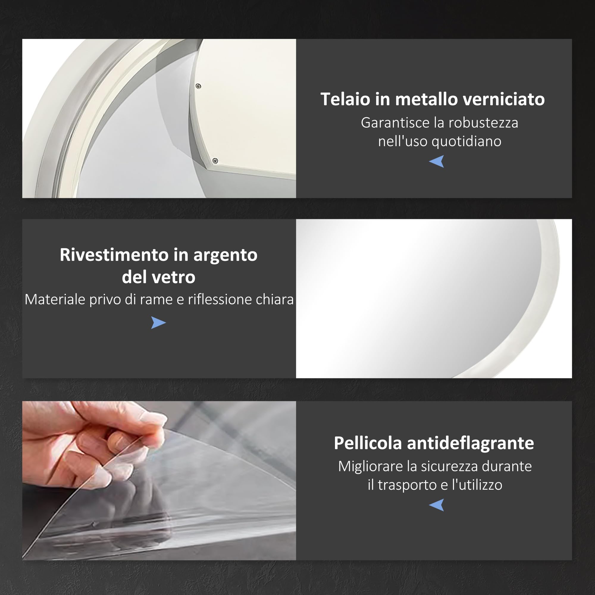 kleankin Specchio Bagno Rotondo con Luce LED Ø70cm, 3 Colori Luce, 3000-6500K, Interruttori Touch, Specchio da Parete Antideflagrante con Luminosità Regolabile, Funzione Memoria, Antiappannamento