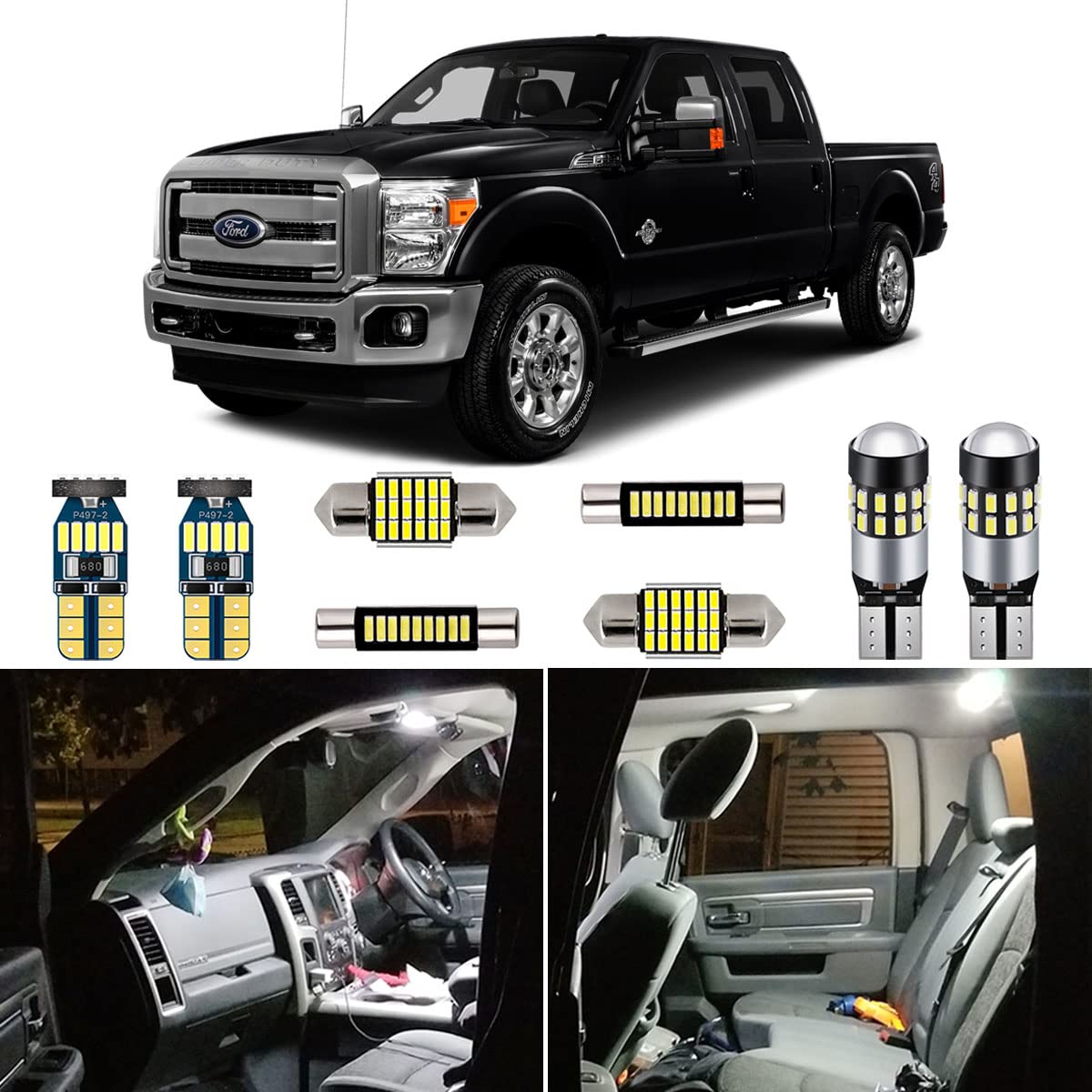 AUTOGINE 14 Piece White Interior LED Lights Kit for 1999-2016 Ford F250 F350 Super Duty Trucks Super Bright 6000K LED Interior Light Bulbs Package + Install Tool