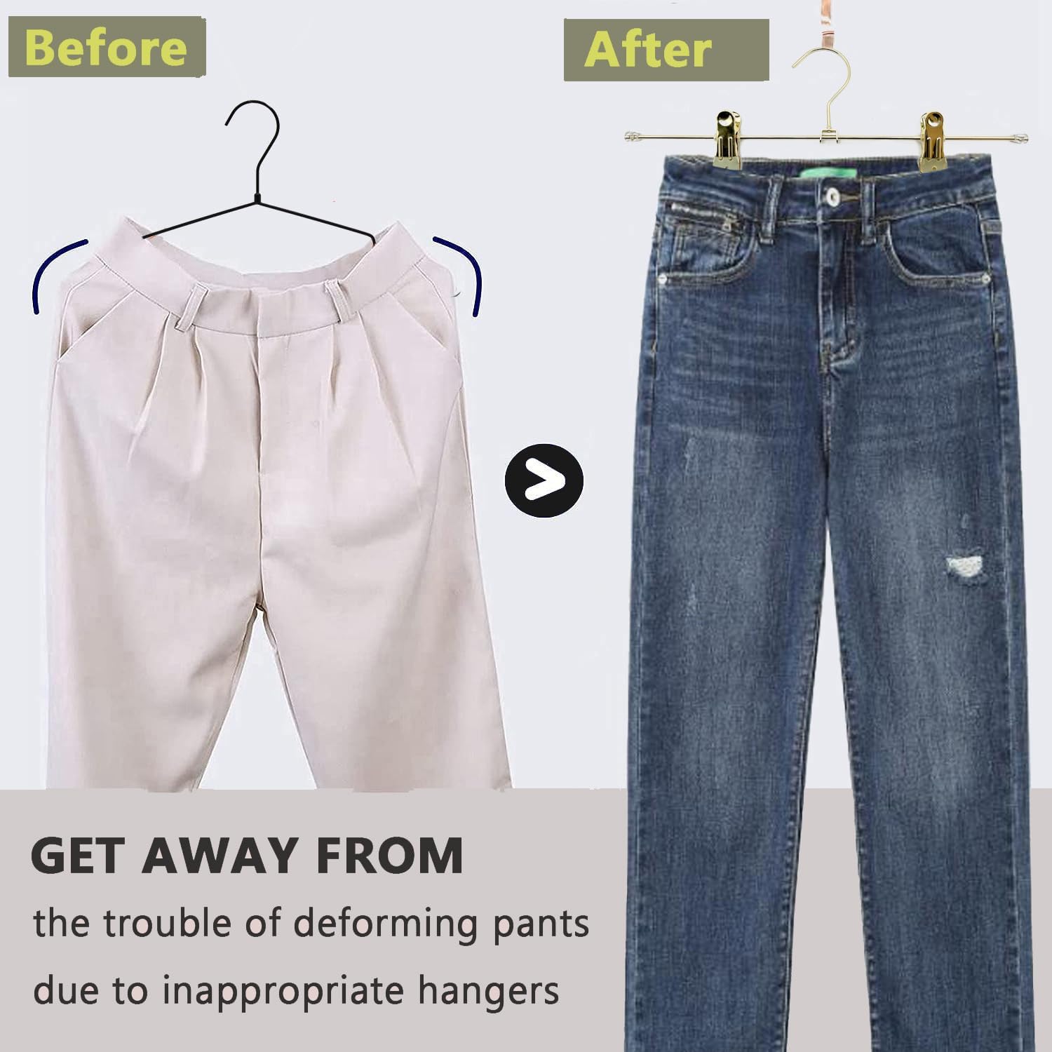 13.8" Gold Metal Wire Clips Hangers with Adjustable Clips - 30 Pack Pants Hangers with Clips Metal Perfect for Pants Trouser Underwear Bottom Clothes Heavy Duty Space Saving Closet Organization