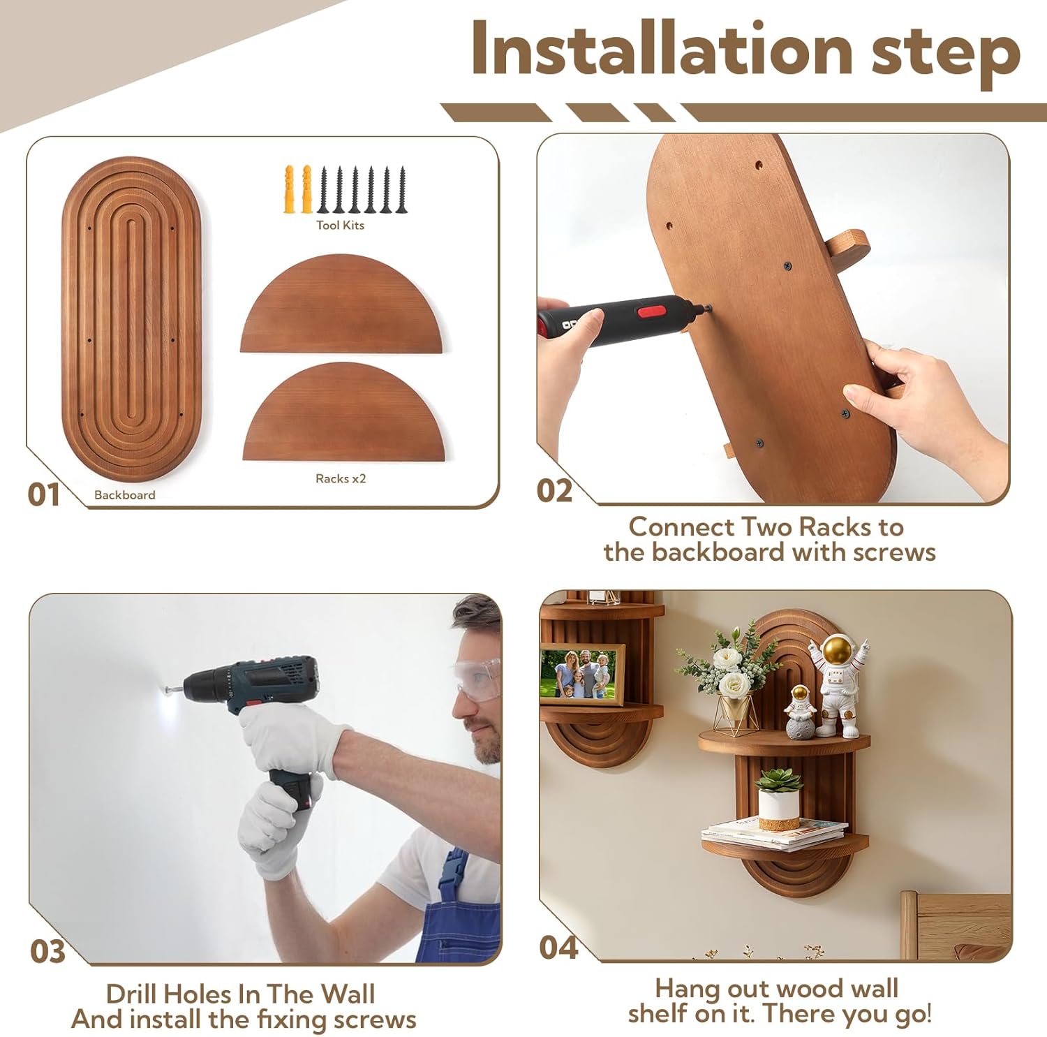 4 Pack Boho Wall Decorative Wall Shelf - Solid Wood Water Ripple Floating Shelves for Bedroom Indoor Decoration Holding Planter Ornaments, 15.6 x 8.66 Inch (Walnut)