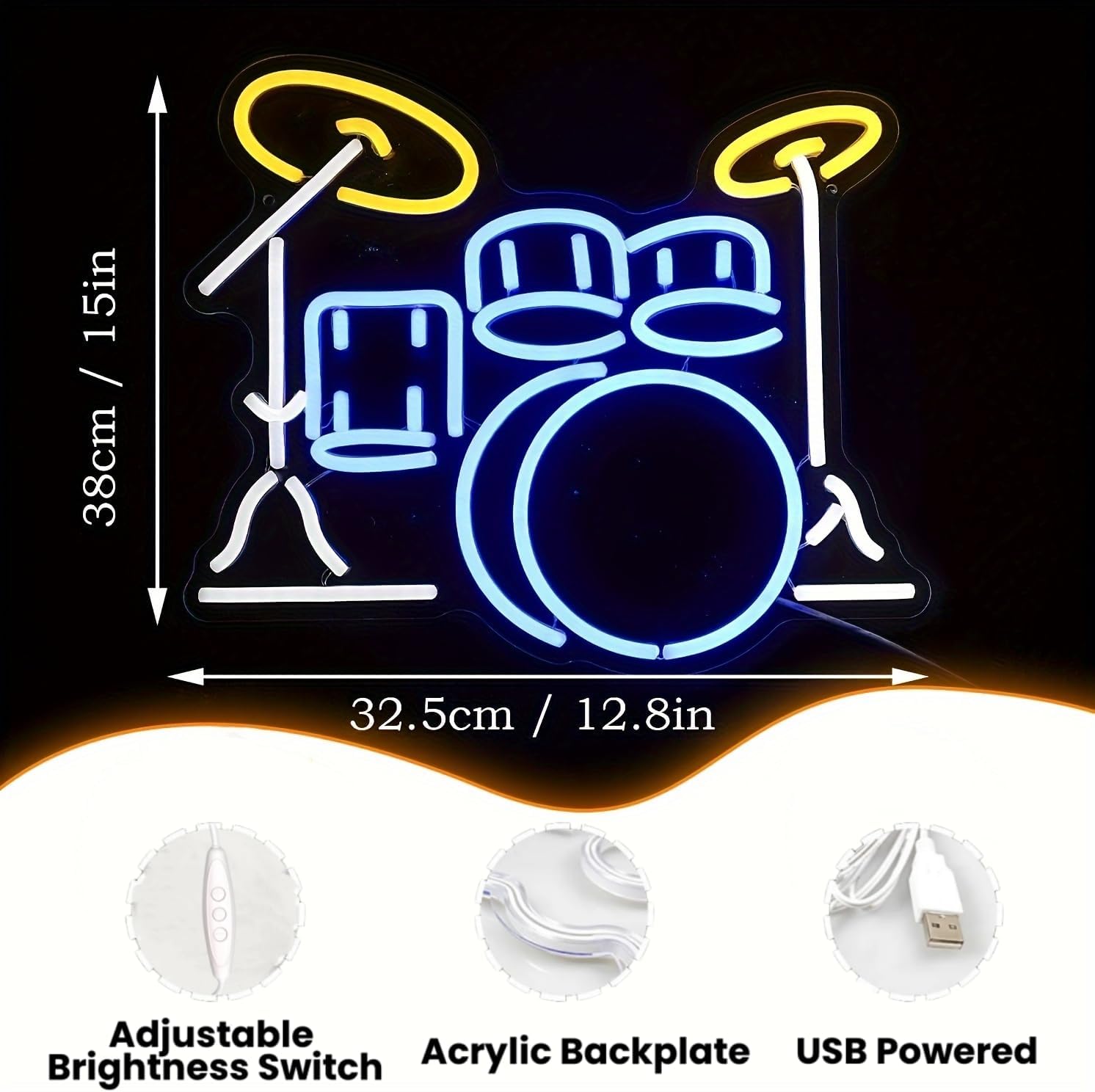 Drum Music Instrument Neon Sign, Kids USB Powered Drum set Led Sign, Reusable Drum set Light Up Sign for Boys and Girls, Light Up Sign for Bedroom and Livingroom