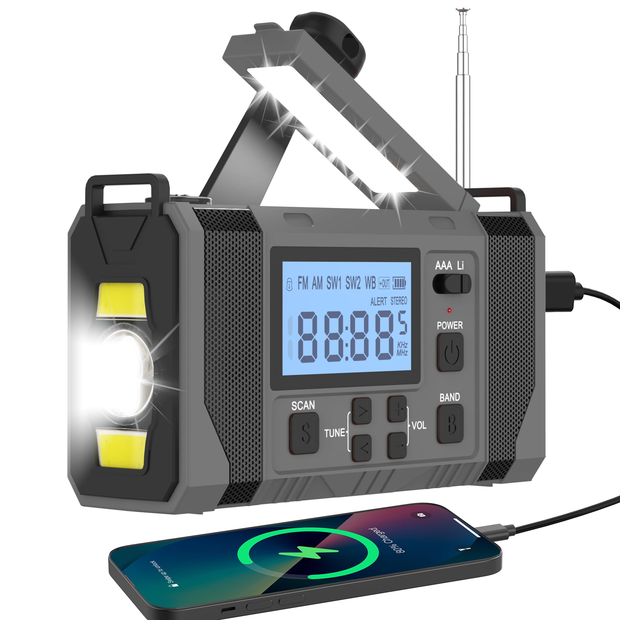 Notfall-Solar Radio, 10000mAh Notfall Kurbelradio, AM/FM Radio, Taschenlampe+ Leselicht, SOS-Alarm, Powerbank, 3-Ladearten (Solar/USB/Handkurbel), für Camping/Wandern/Stromausfall,Grau
