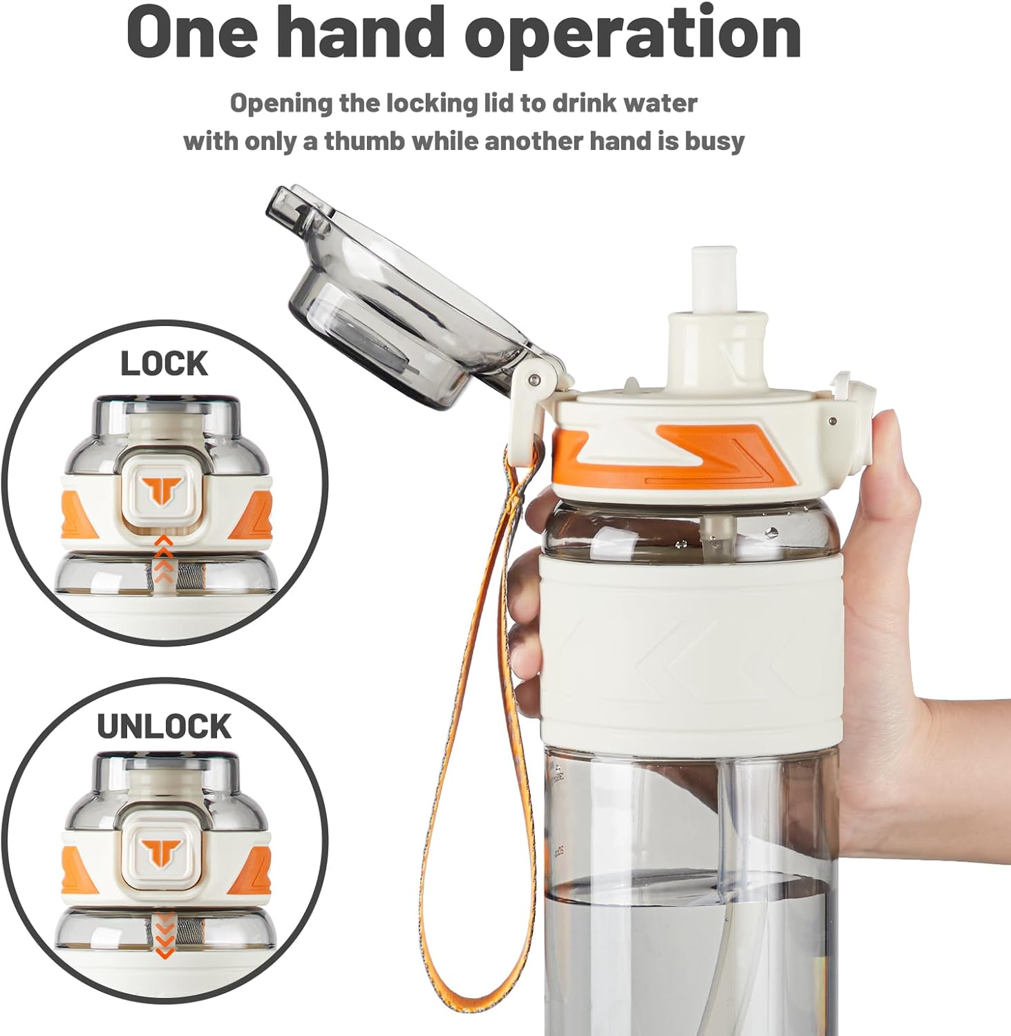 TKK Sports Water Bottles with Removable Straw 34 oz Leak-proof Flip Top Lid BPA Free Tritan Bottles with Strap for School, Fitness, Gym, Outdoor, White - Image 2