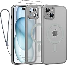 Phoona Cover Magnetica per iPhone 15 6,1" con Cordino e 2 Pellicole in Vetro Temperato, Compatibile con Magsafe, Custodia Traslucida Opaca Resistente Antiurto Sottile Protettiva Case, Grigio