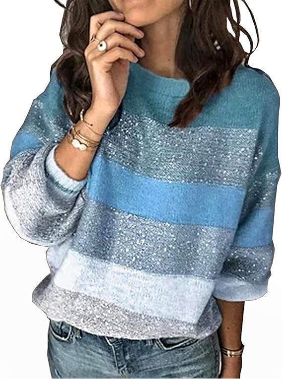 PRETTYGARDEN Women's Fashion Long Sleeve Striped Color Block Knitted Sweater Crew Neck Loose Pullover Jumper Tops