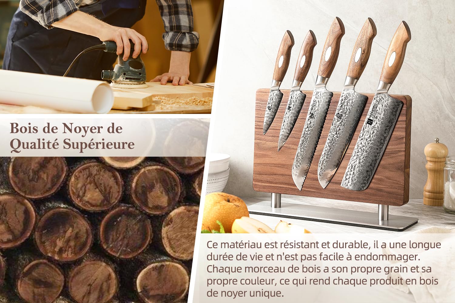 XINZUO Bois de Noyer Bloc à Couteaux Magnétique -Bloc Aimanté Double Face -Facile à Nettoyer -Porte Couteaux avec Aimant Puissant -Range Couteau de Cuisine Vide -avec Tapis de Pied Antidérapant