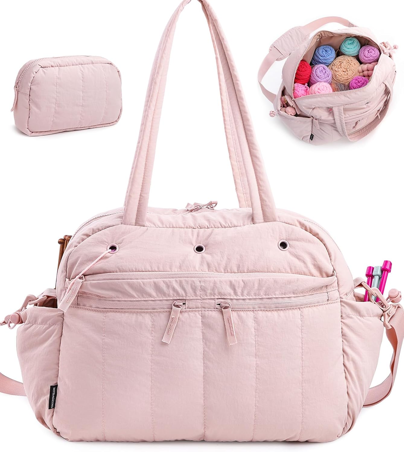 MYBAGZING Stylish Crochet Bag Organizer with Crochet Hook Case, Large Capacity Yarn Bag for Crocheting on the Go, Soft Quilted Crochet Tote with 7 Compartments, Knitting Project Carry-On Travel Gift