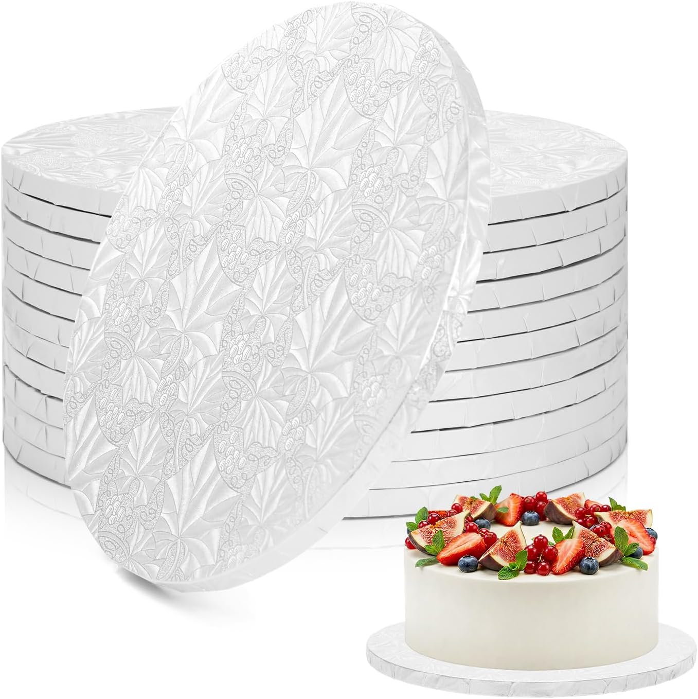 Ohuhu 12 Pack 10 Inch White Cake Boards, 1/2 Inch Thick Round Cake Drum, Elegant Maple Leaf Pattern, Heavy Duty Greaseproof Cardboard Base with Wrapped Edges for Bakeries & Large Events