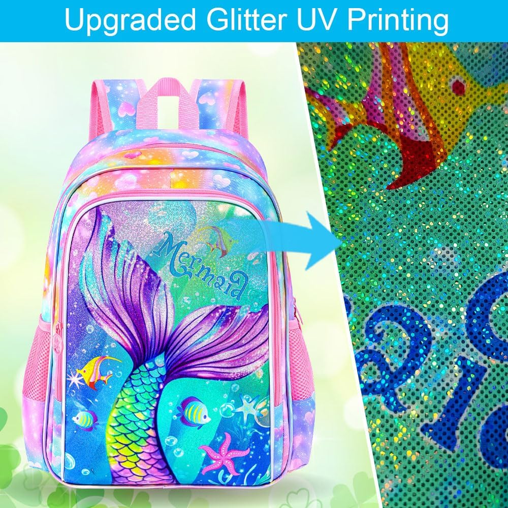 16" Mermaid Backpack for Girls, 3Pcs Kids Fish Tail Backpacks with Lunch Box, School Bookbag for Elementary Preschool Kindergarten(Pink)