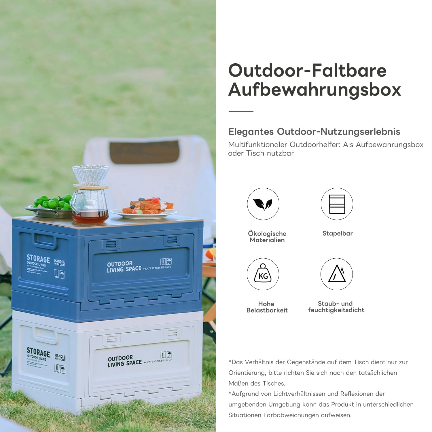 Klappbare Camping-Aufbewahrungsbox mit Deckel, klappbare Aufbewahrungsbox,Klappbarer Lagerbehälter,stapelfähig – für Camping, Outdoor, Kofferraum & Picknick (Weiß-B, 55 L)