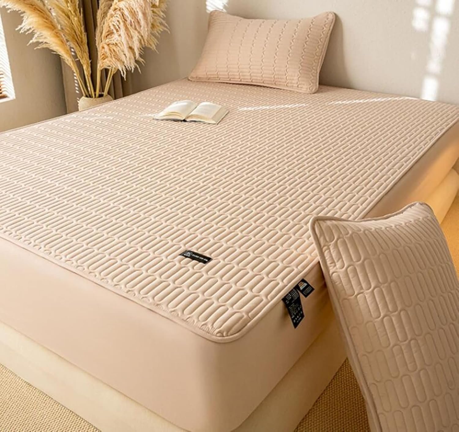 Beydodo Bed Sheets 35 x 78 inch, Fitted Bed Sheets with Standard Pocket Khaki Geometric Quilted, Polyester Mattress Protector 90x200cm