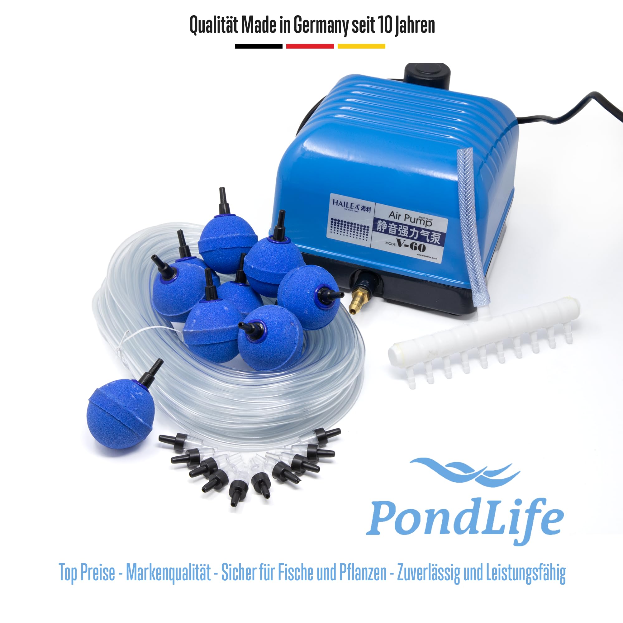 Pondlife Belüfter Komplett Set V-60 - Leistungsstark - Qualitativ - Luftverteiler - Belüftersteine - Schlauch inkl.