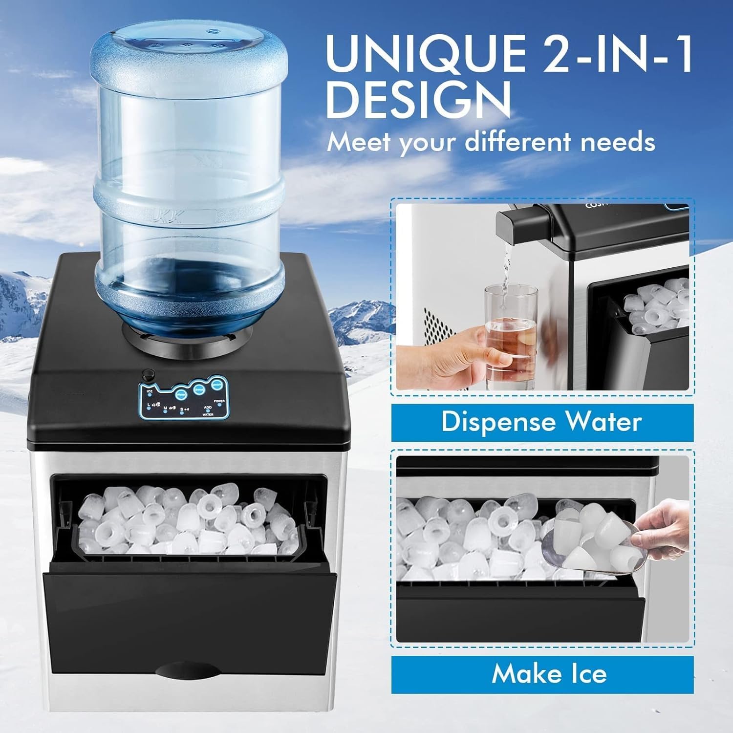 Macchina per il produttore di ghiaccio 48LBS Daily Ice in 8 minuti Distributore di acqua fredda in acciaio senza insalate Auto-Piene per Home Office Bar Par Quick Freeze Efficiente Cestino di sto incl