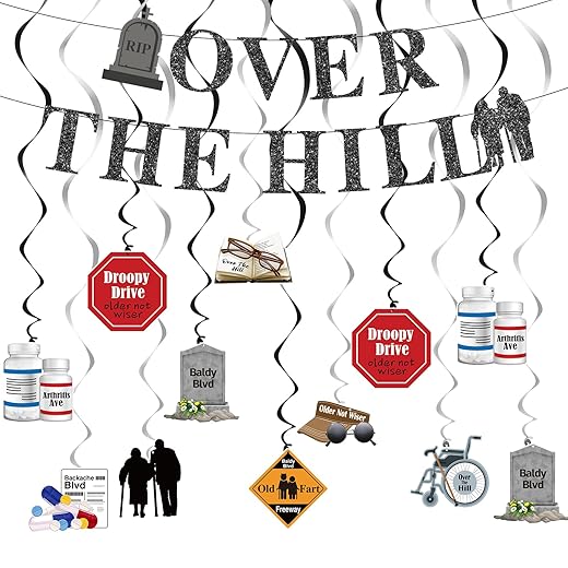55 Pcs Over The Hill Party Supplies Over The Hill Glitter Banner Old Age Hanging Swirls Old People Gifts 50th/ 60th/ 70th Birthday Decor for Old Age Birthday Anniversary Retirement Party Decoration