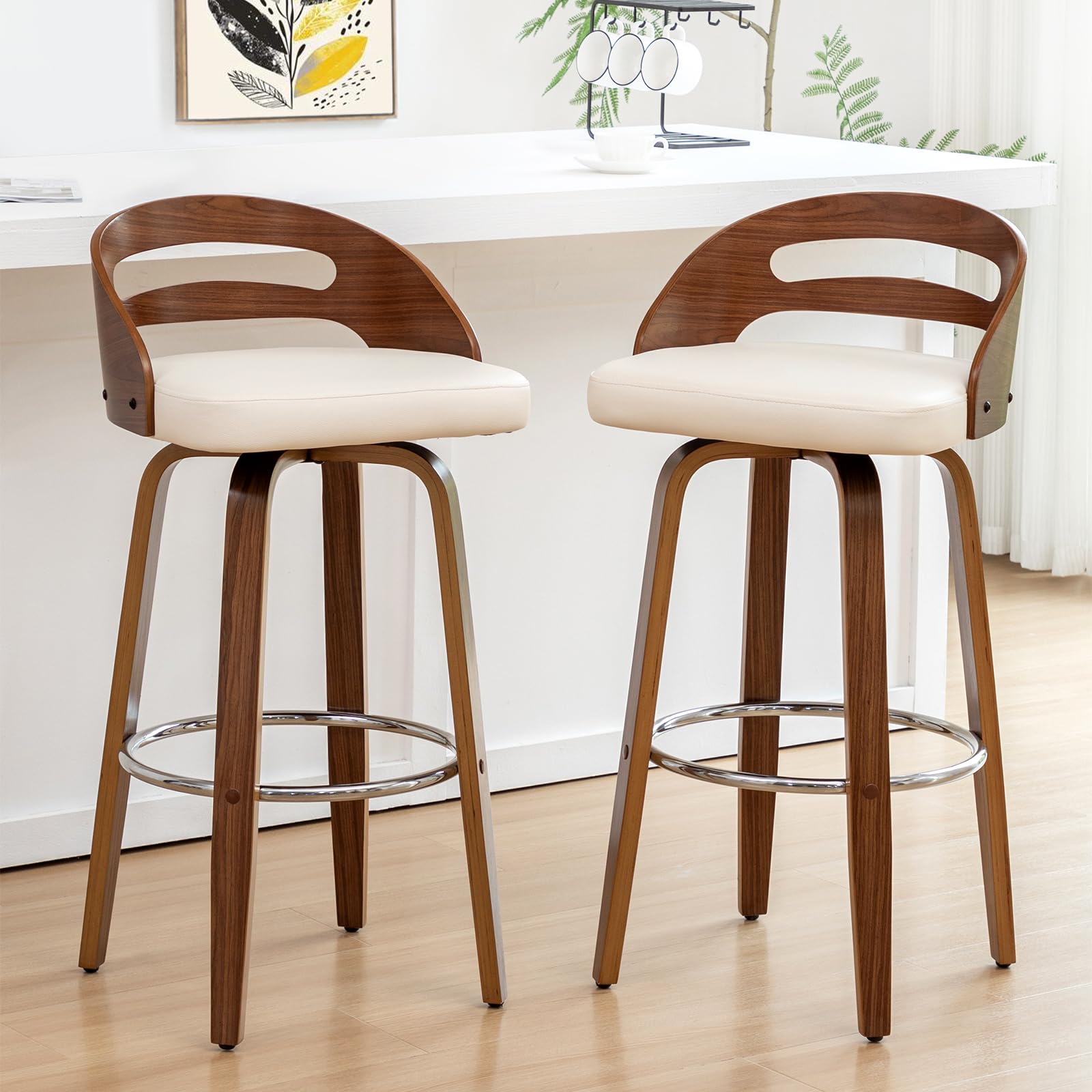 Bar Stools Set of 2, Swivel Bar Stools with Walnut Craftsmanship, Bentwood Curved Back, Upholstered Faux Leather, Soft Cushion Seat, Mid Century