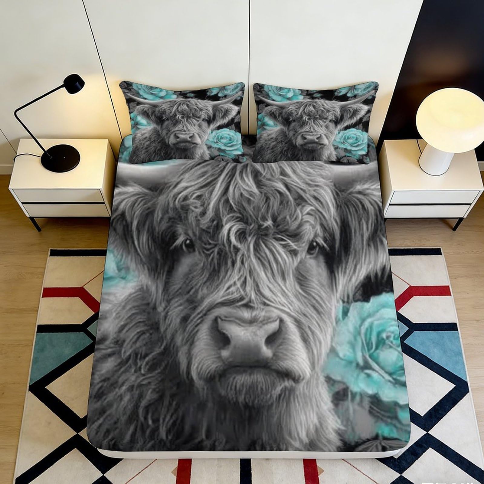 3D Printed Highland Cow Fitted Sheet Microfiber Deep Pocket High Elastic Highland Cow Mattress Fitted Cover Bedroom Washable 180x200x25cm