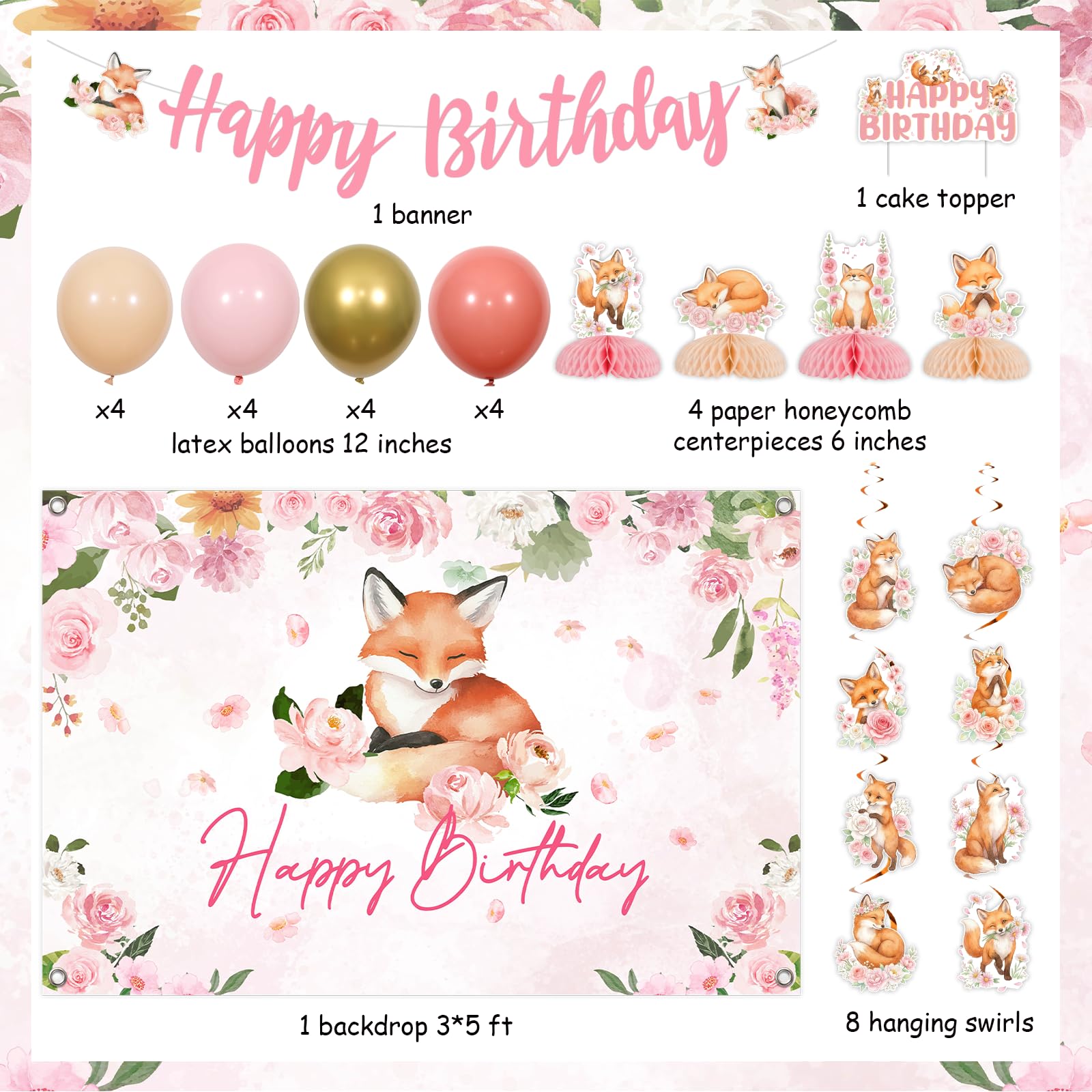 Kit di decorazioni per feste di compleanno con volpe floreale