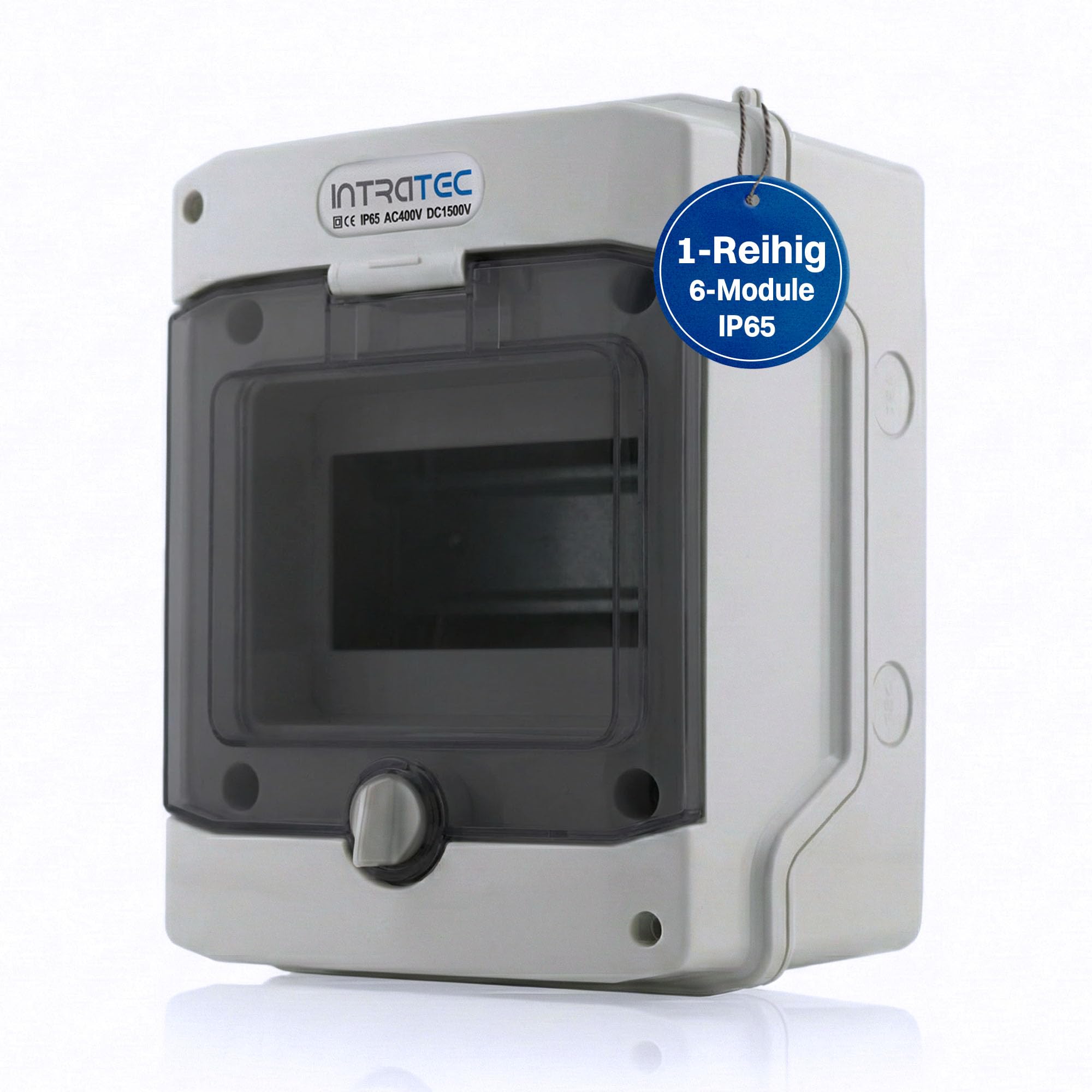 Intratec Verteilerkasten Aufputz 1 reihig – IP65 Sicherungskasten für 6 Module – Feuchtraum Verteiler für Garten, Keller, Garage & Außenbereich – 400VAC 1500VDC Kleinverteiler, 201 x 165 x 120 mm