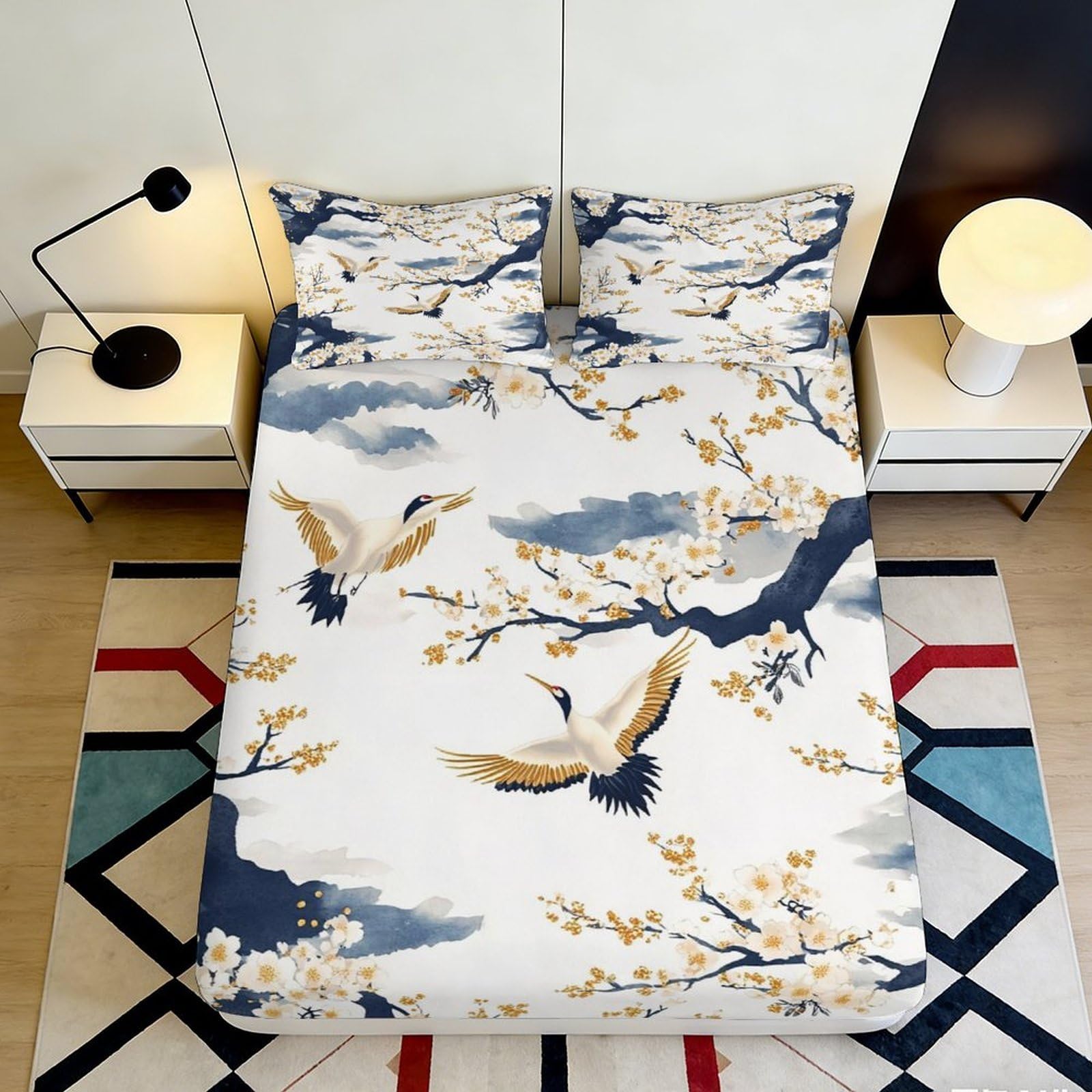 3D Printed Crane and Plum Blossom Fitted Sheet Microfiber Soft Durable Cherry Blossom Bed Cover for Bedroom Dormitory Guest Room Protection 160x200x25cm