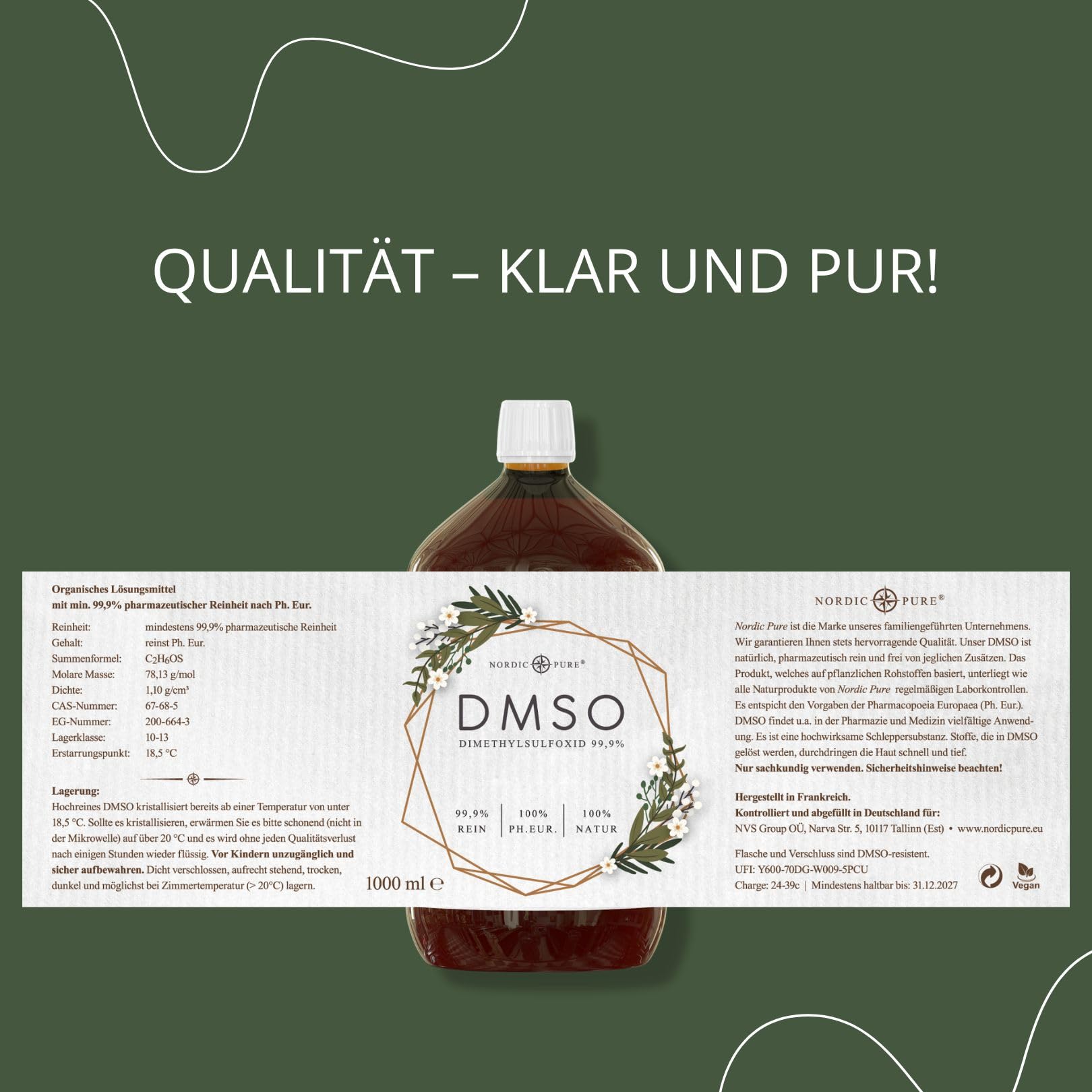DMSO 1000ml in 99,9% pharmazeutischer Qualität & Reinheit - Unverdünntes Dimethylsulfoxid (DMSO) ph. EUR in lichtgeschützter Braunglasflasche - 1 Liter DMSO 99,9%