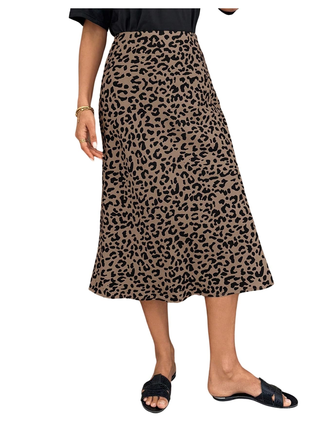 Verdusa Womens Satin Summer Skirts Elegant High Waisted Flared Hem Midi Skirt Brown Multi Large