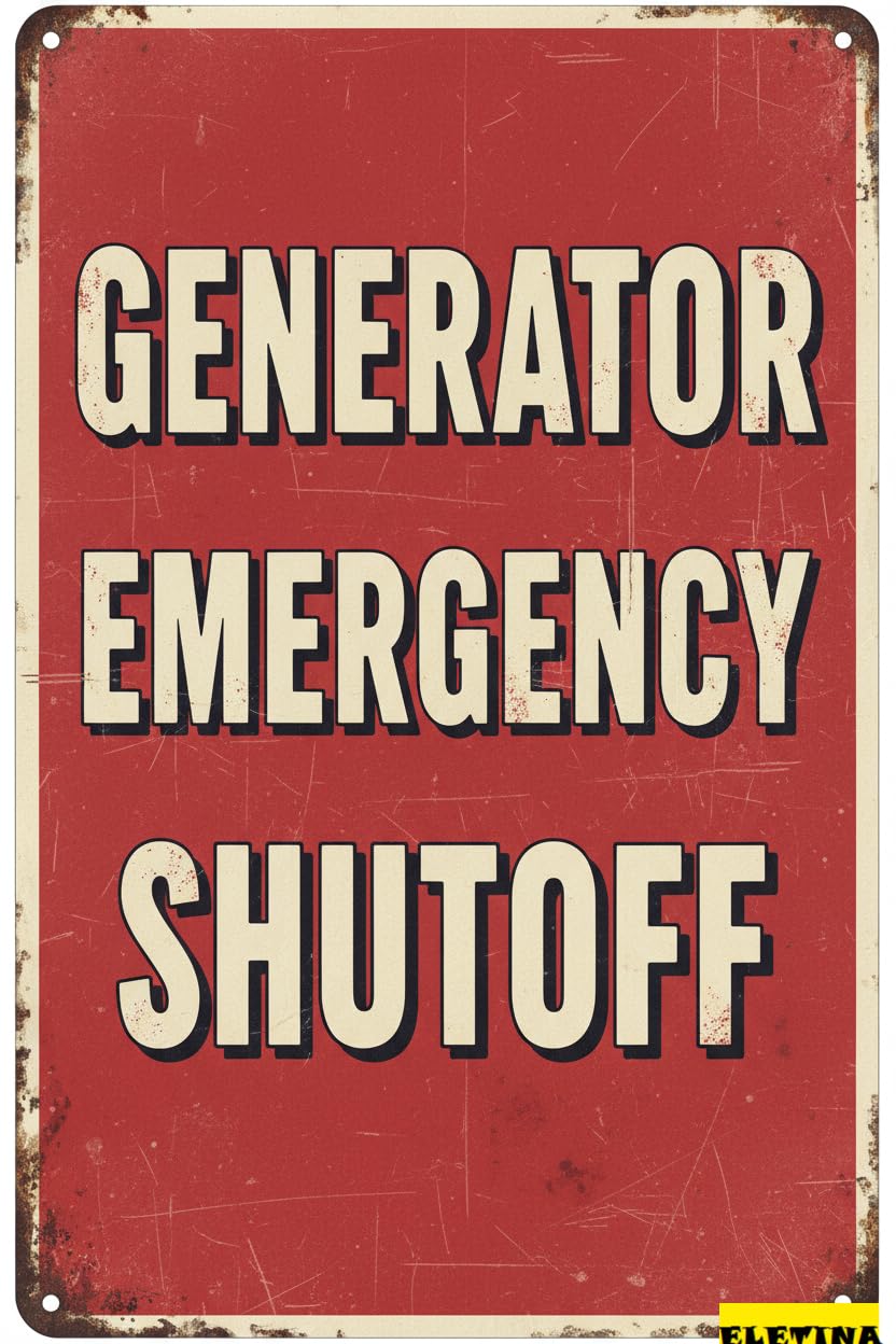 Vintage Metal Tin Sign for Man Cave Generator Emergency Shut Off Warning S Private Property Caution Notice With English Text, Red Decorative