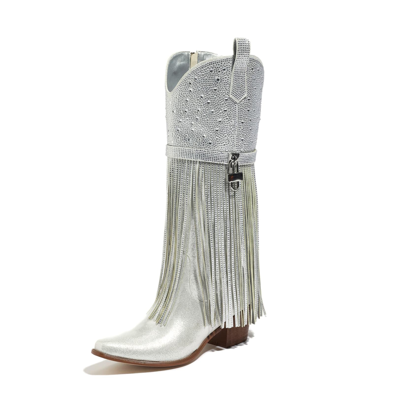 Fringe Cowboy Boots for Women Sparkly Rhinestone Upper Side Zipper cowgirl boots Chunky Heels Pointed Toe knee High