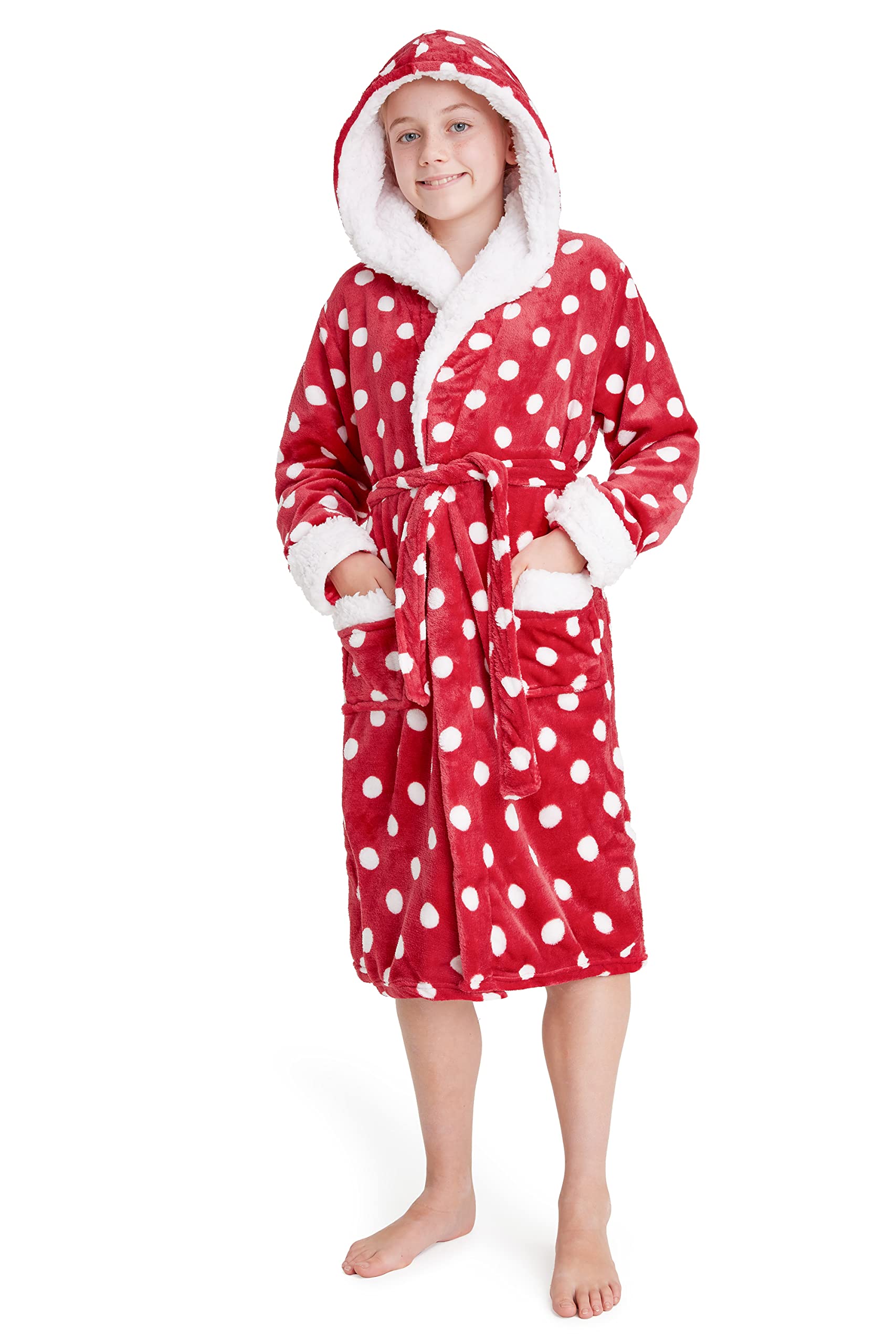 CityComfort Girls Dressing Gown, Hooded Fluffy Dressing Gown for Kids(Red, 13-14 Years)